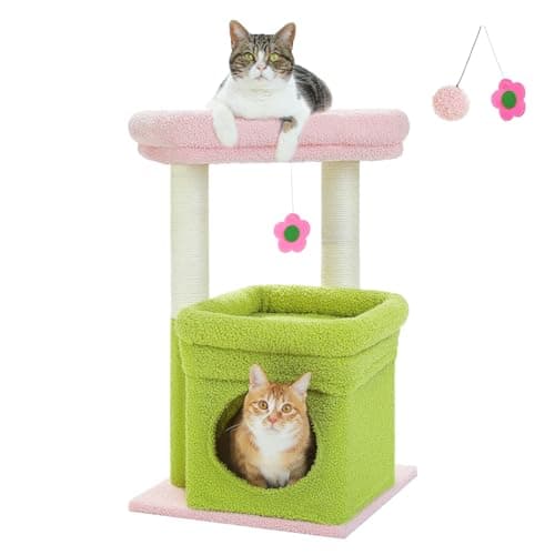 PEQULTI Indoor Cat Tree with Private Condo and Sisal Scratching Posts, Pink