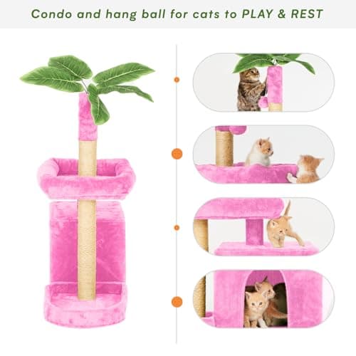 31.5" Pink Cat Tree with Leaf Design & Scratching Posts