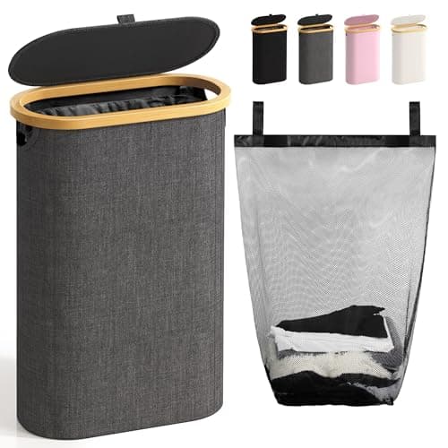 Slim Dark Grey Laundry Hamper with Lid, 60L & Handles