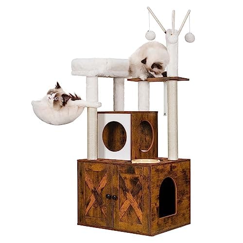 Heybly Cat Tree with Litter Box Enclosure and Food Station, Indoor Furniture for Cats in Modern Style (Rustic Brown)