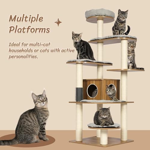 Tall Wood Cat Tree with Sisal Posts, 69" Multi-Level Platforms, Heavy Duty for Large Cats