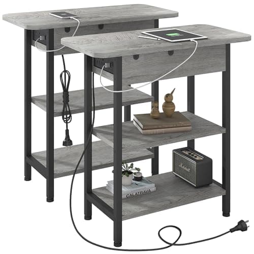 LIDYUK Flip Top Side Table with USB Ports & Outlets, White — Light Grey