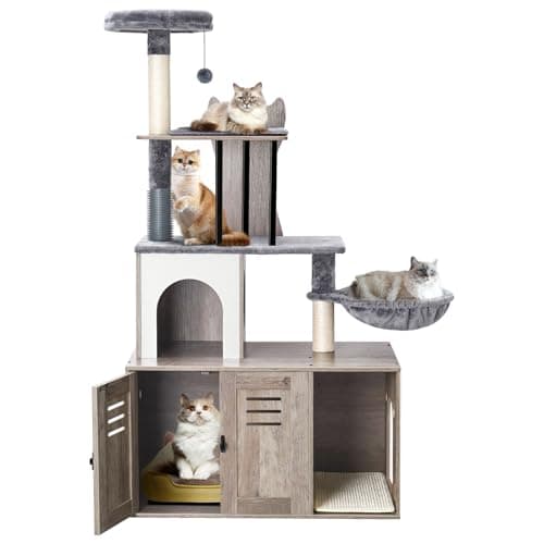 Modern 2-in-1 Cat Tree with Litter Box Enclosure for Indoor Cats, 58.66’’ Wood Condo with Scratching Post and Hammock, Grey