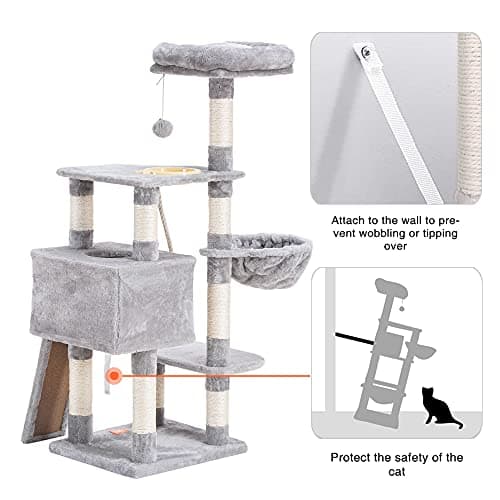 Heybly Multi-Level Cat Tree with Scratching Board & Feeding Bowl - Light Gray