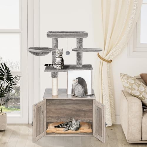 Snughome Cat Litter Box Enclosure with Cat Tree Tower, Condo, and Scratching Post