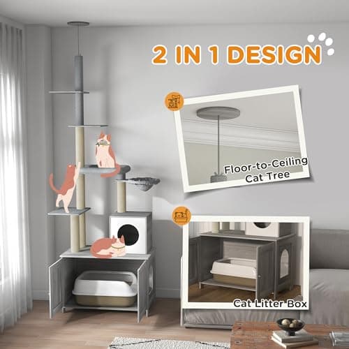 PawHut 2-in-1 Cat Tree & Litter Box Enclosure, Gray