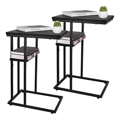 YooBure C-Shaped End Table, Rustic Snack Table for Living Room and Bedroom — Black