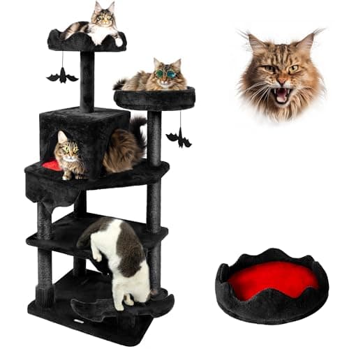 Gothic Black Cat Tree with Coffin Bed & Scratching Posts, Halloween Style for Large Cats — 59 " H