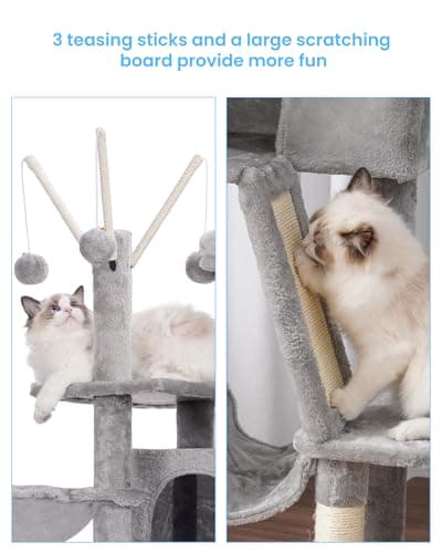 MPJ019-SW Hey-Brother Light Gray Cat Tree 53" Tower Padded Bed & Hammocks