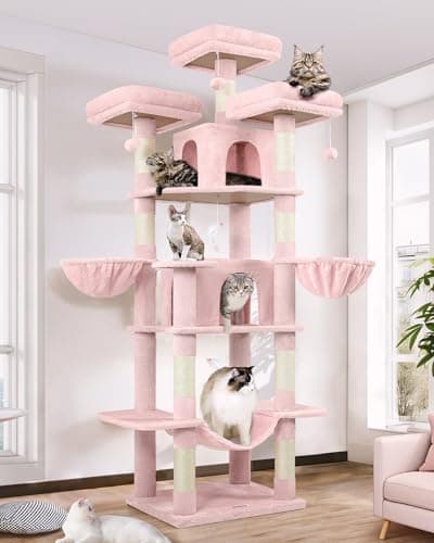 XXL F80 Indoor Cat Tower with Hammock, Scratching Post & 3 Perches Dark Grey — Pink