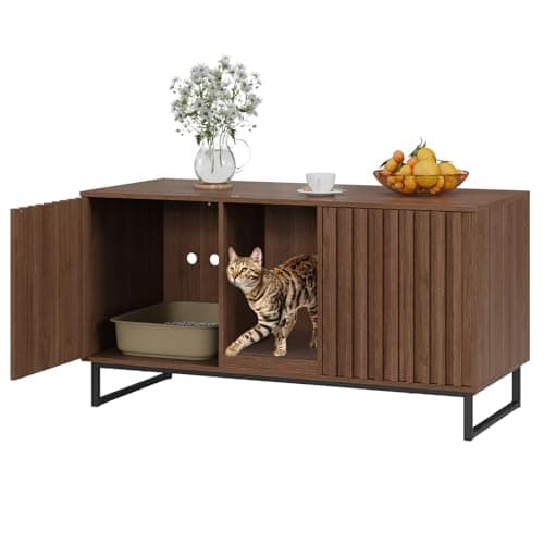 Cat Litter Box Enclosure for 2 Cats, Brown TV Stand & Washroom