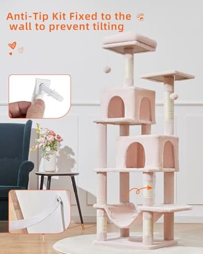 Jelly Pink Taoqimiao 61-Inch Multi-Level Cat Tree with 5 Scratching Posts