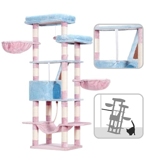 68 inch Multi-Level Cat Tower for Indoor Cats with Scratching Board & Caves, Blue/Pink