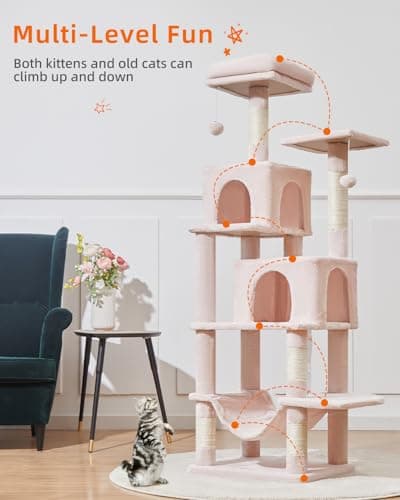 Jelly Pink Taoqimiao 61-Inch Multi-Level Cat Tree with 5 Scratching Posts