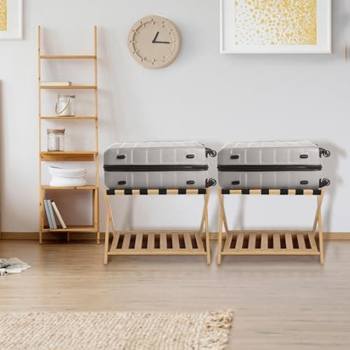 2-Pack Foldable Bamboo Suitcase Stand with Storage Shelf, 6 Nylon Straps, Ideal for Hotel Rooms
