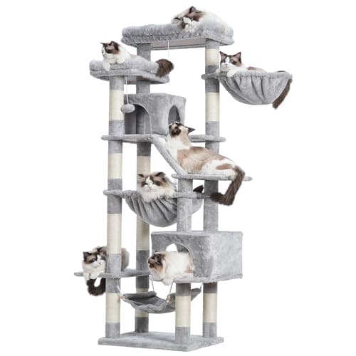 Cat Tree with 2 Perches, 2 Condos, 2 Hammocks, Scratching Pad - Large Cat Furniture and Condo — Light Gary