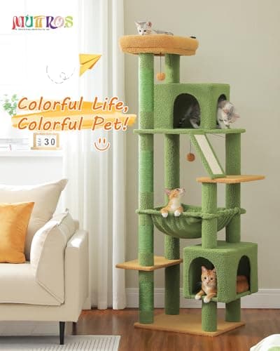 Tall Cat Tree for Large Cats 20 lbs with Hammock & 4 Sisal Posts - Cactus Green