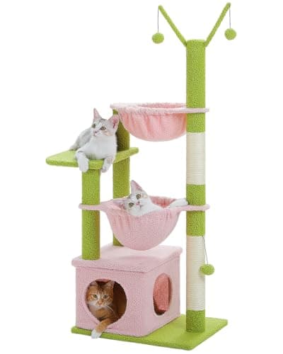 Spooky Gothic Cat Tree with Coffin Condo, 2 Metal Hammocks & Scratching Post, Black Halloween — 47.6" Pink Climbing Tree