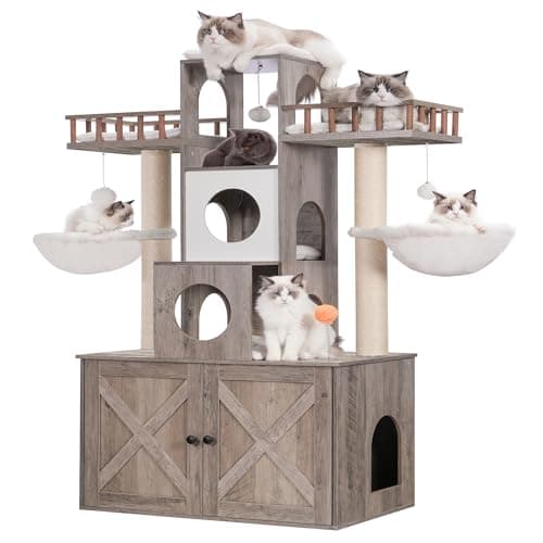 Modern Cat Tree with Litter Box and Scratching Posts for Large Cats — Rustic Gray