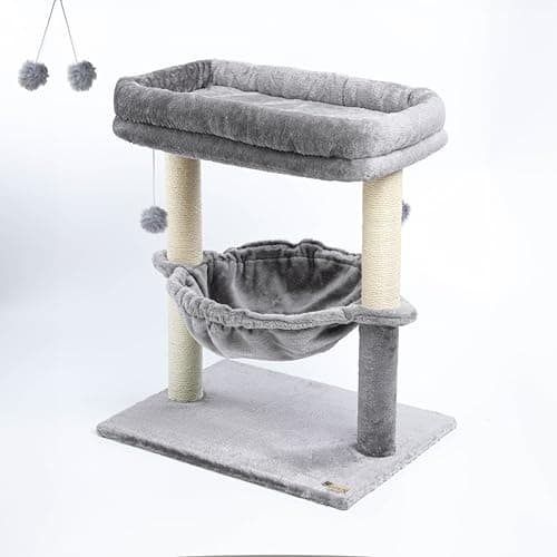 Sturdy 24-inch Multi-Level Cat Tree with Hammock & Scratching Post - Light Gray