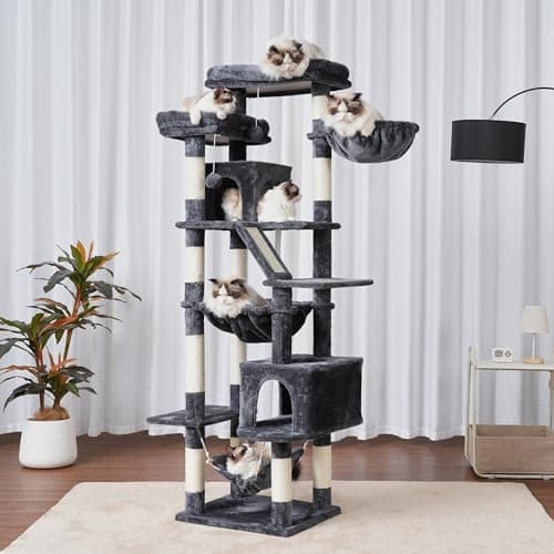 71-Inch Tall Cat Tree Tower with Multiple Features for Indoor Cats, Smoky Gray