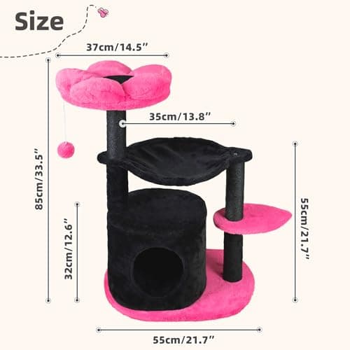 Black Pink Flower Cat Tree for Indoor Cats with Hammock