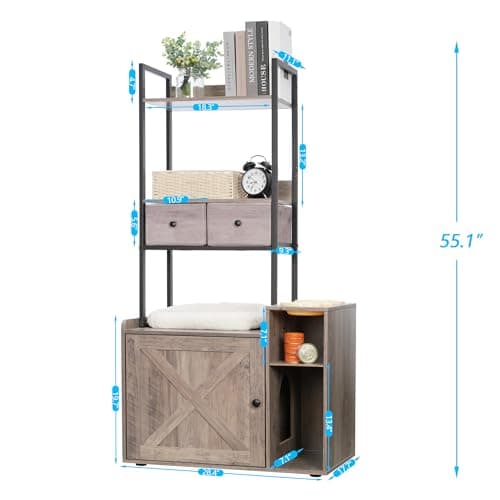 Hey-Brother Cat Litter Box Enclosure with Storage Shelves and Drawers - Rustic Gray MPJ131SG