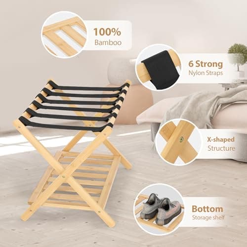 2-Pack Foldable Bamboo Suitcase Stand with Storage Shelf, 6 Nylon Straps, Ideal for Hotel Rooms