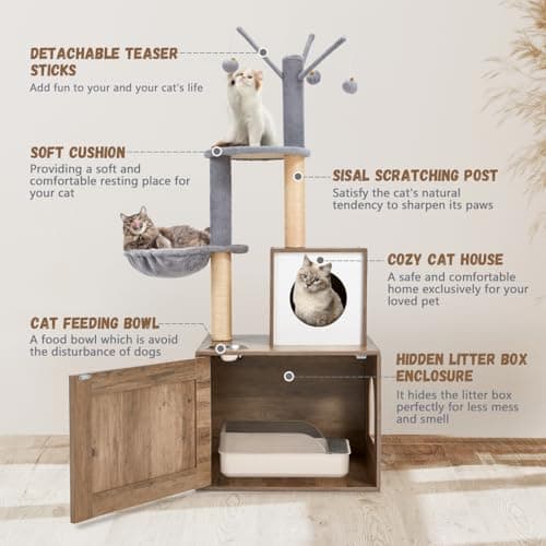 Erinnyees Litter Box with Cat Tree & Hidden Washroom for Indoor Cats