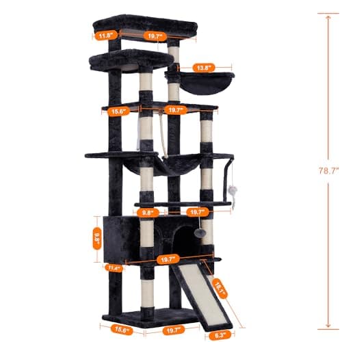 Heybly 78-Inch Multi-Level Cat Tree for Indoor Cats with Plush Perches, Scratching Board, and Caves - Smoky Gray