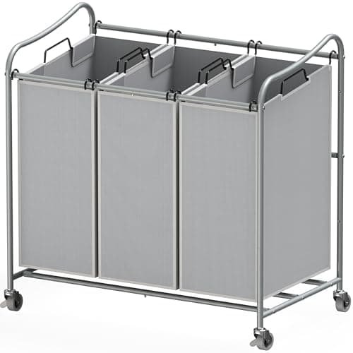 Silver Durable 3-Bag Laundry Sorter Cart – Heavy Duty Rollable Hamper — Silver