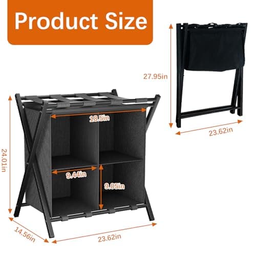 Black Folding Suitcase Stand with Storage Shelf for Guest Rooms