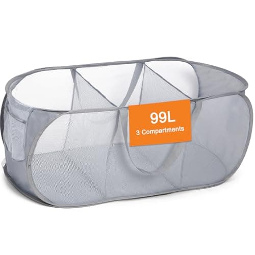 Sturdy 3-Compartment Collapsible Laundry Hamper with Handy Pocket - Grey