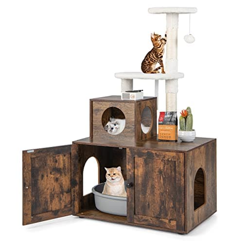 Tangkula 2-in-1 Litter Box with Cat Tree & Hidden Washroom for Indoor Cats (White) — Rustic Brown