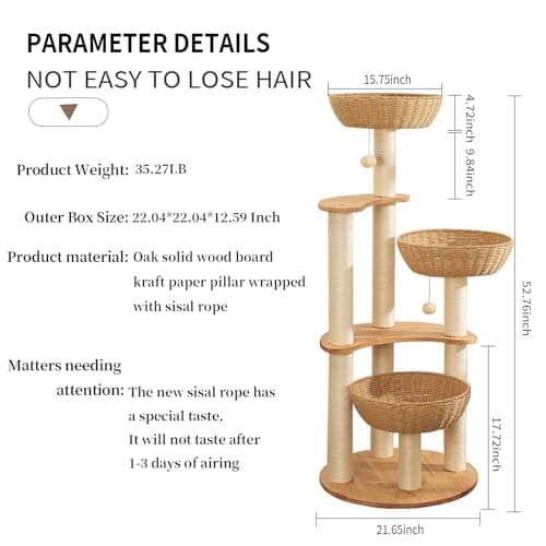 "Luxury Oak Cat Tree Tower for Multiple Cats, Manual Hand Woven, Easy Clean"