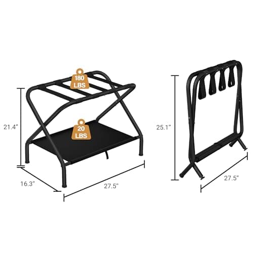 Dunatou Black Folding Luggage Rack, Set of 2, Sturdy with Storage Shelf, Hold Up to 200 lb