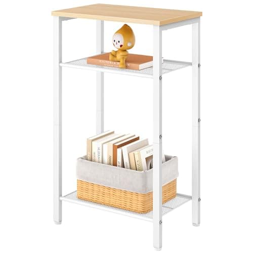 Hoctieon 3-Tier End Table with Storage, White Metal Frame, Living Room & Bedroom — White+yellow Oak