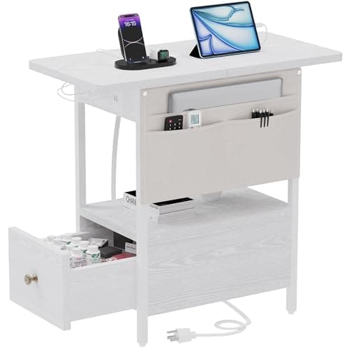Narrow Nightstand with Storage & Charging for Small Spaces — White