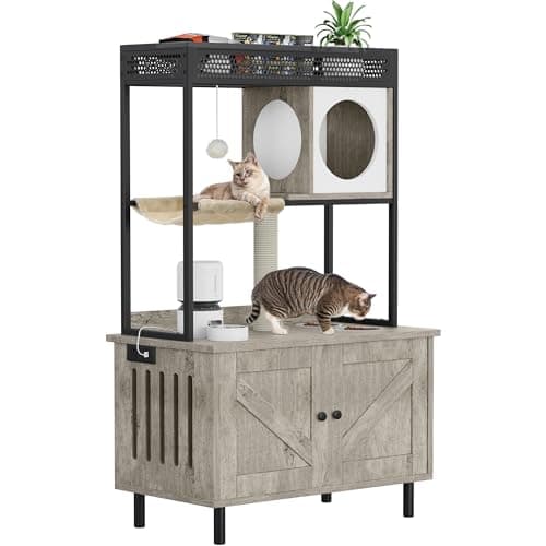 YITAHOME 27" Cat Litter Box with Scratching Post & Cushion, White — GREY