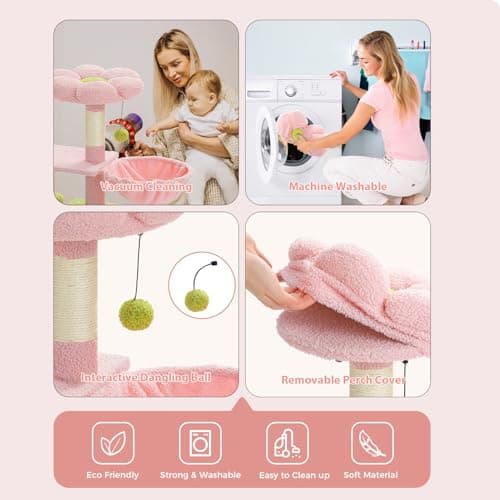32 PETEPELA Pink Cat Tree for Indoor Cats with Scratching Ramp, Hammock, and Flower Bed Perch