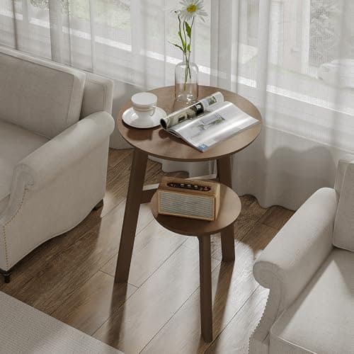 ChooChoo Round End Table with 2 Tier Shelf for Small Spaces, Walnut