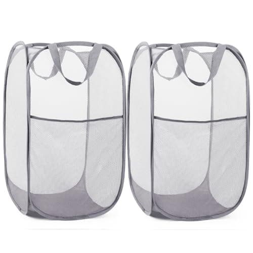 Reinforced Pink Collapsible Laundry Hamper with Side Pocket & Carry Handles — 2 x Grey