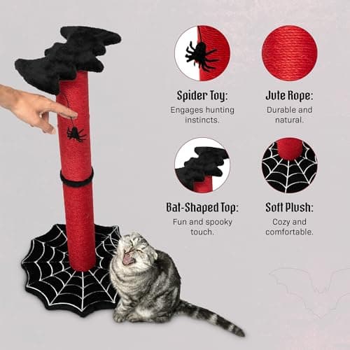 Gothic Cat Scratcher, 34" Sturdy Spider Web Base, Bat Top, Black & Red