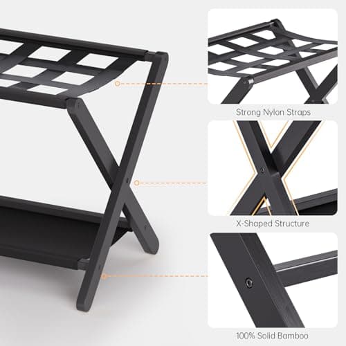 HITNET Black Bamboo Luggage Rack, Suitcase Stand, Pack of 2