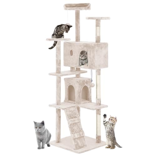 Indoor Cat Tree 53 Inches with Dangling Ball & Funny Toys, Dark Gray — BEIGE