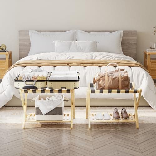SMIBUY Natural Foldable Bamboo Luggage Rack with Storage Shelf