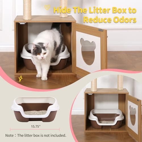 Modern 2-in-1 Cat Tower for Indoor Cats, 48.6 Wood Kitten Condo with Litter Box Enclosure and Scratching Post
