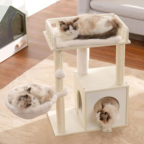 Heybly Modern Cat Tree for Indoor Cats with 3 Scratching Posts and Wood Cave, Plush Perch, and Basket, White HCT007SWT
Heybly Cat Tower with 3 Scratching Posts and Wood Cave for Cats, Plush Perch and Basket, White HCT007SWT
Heybly White Modern Cat Tr