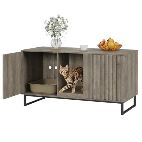 Cat Litter Box Enclosure for 2 Cats, Brown TV Stand & Washroom — Grey