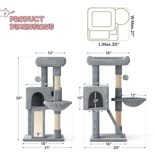 MoNiBloom 36 Inch Cat Tree with Condo & Scratching Post, Light Grey